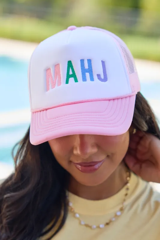 Mahj Block White/Pink Embroidered Trucker Hat made by Pink Lily