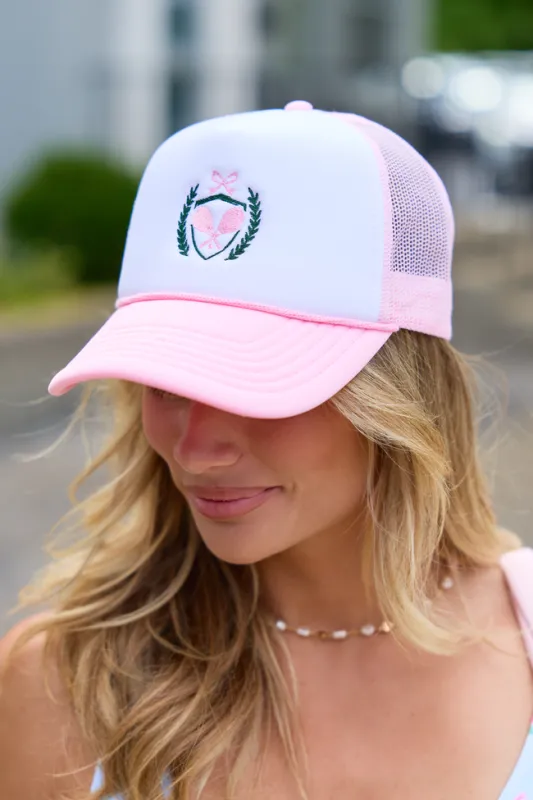 Tennis Racquet White/Pink Embroidered Trucker Hat made by Pink Lily