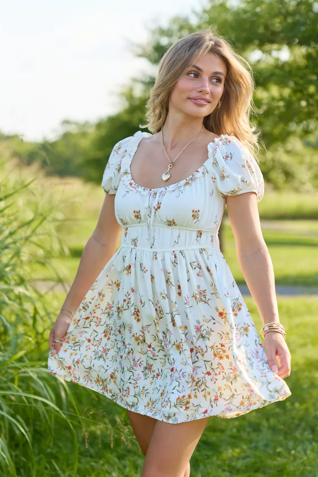 Sunlit Garden Ivory Multi Floral Puff Sleeve Mini Dress sold by Pink Lily product image thumbnail 3