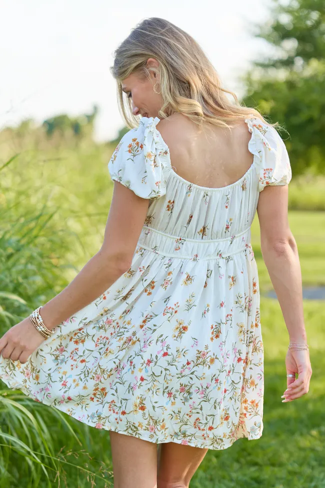 Sunlit Garden Ivory Multi Floral Puff Sleeve Mini Dress sold by Pink Lily product image thumbnail 4