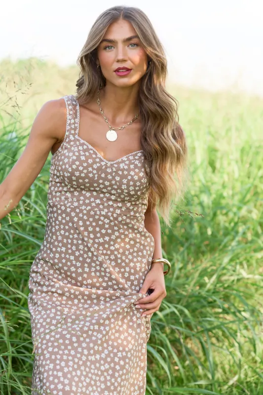 Fields of Gold Brown Floral Midi Dress made by Blu Pepper
