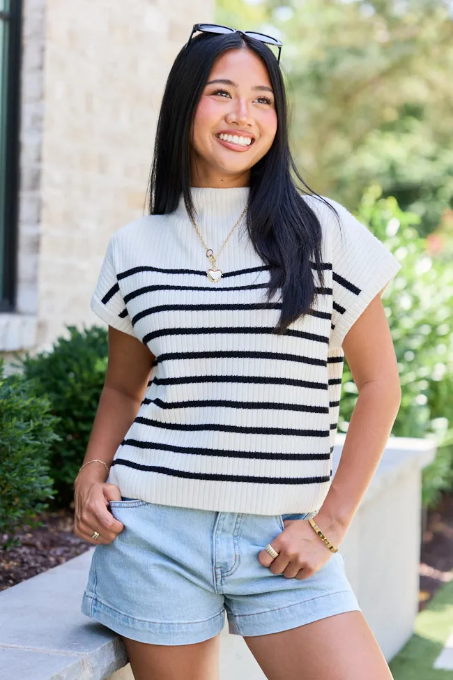 Made to Shine White And Black Striped Mock Neck Short Sleeve Sweater sold by Pink Lily product image thumbnail 3