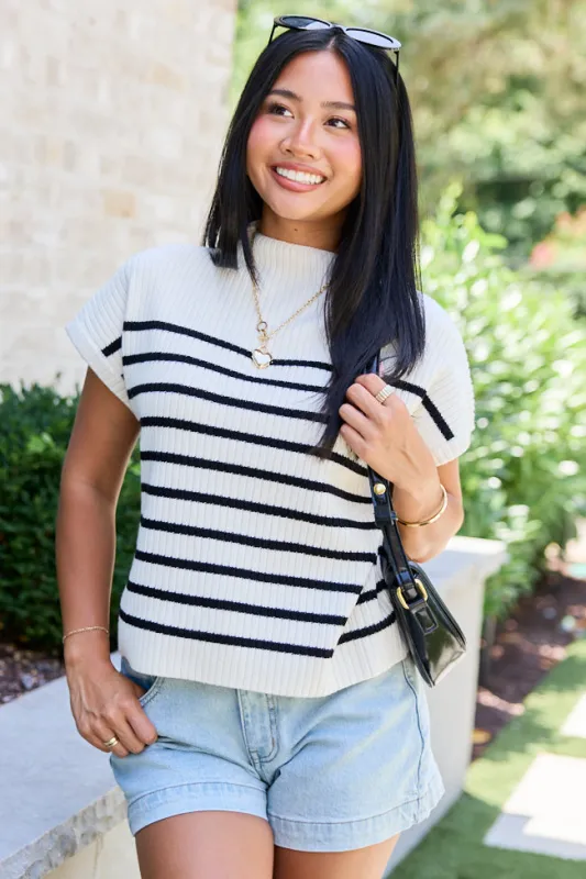 Made to Shine White And Black Striped Mock Neck Short Sleeve Sweater made by Blu Pepper
