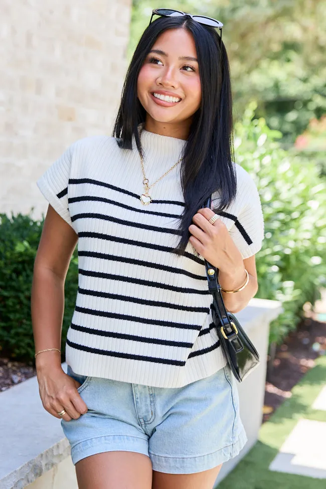 Made to Shine White And Black Striped Mock Neck Short Sleeve Sweater sold by Pink Lily