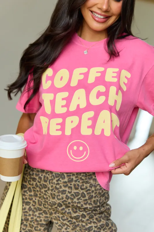 Coffee Teach Repeat Smiley Pink Graphic Tee made by Pink Lily