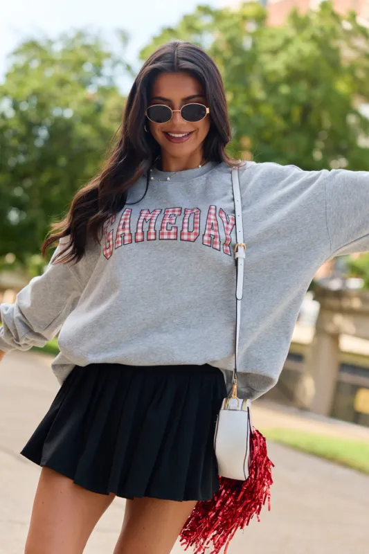 Gameday Red Gingham Light Grey Oversized Graphic Sweatshirt made by Pink Lily