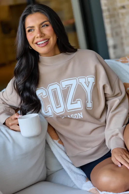 Cozy Season Taupe Graphic Mock Neck Sweatshirt made by Pink Lily