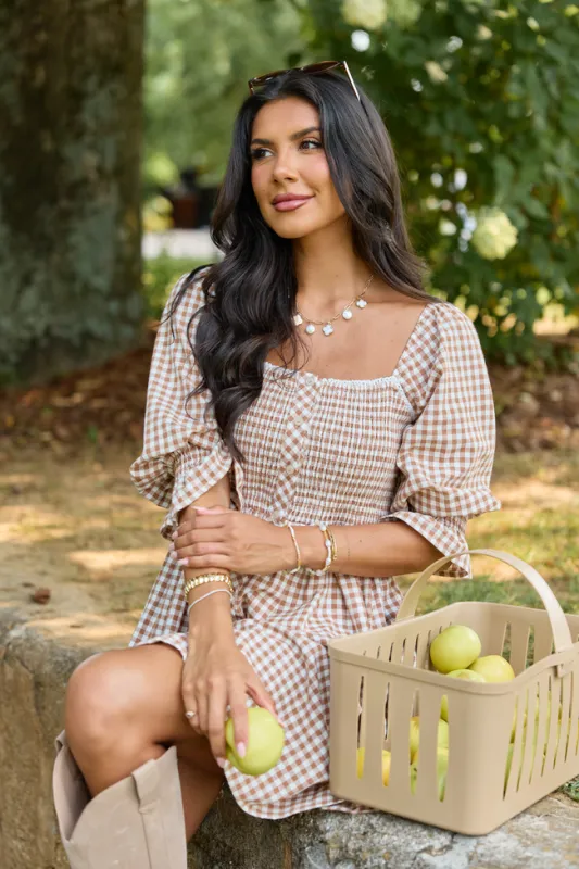 Tailored Grace Brown Gingham Mini Dress made by Pink Lily