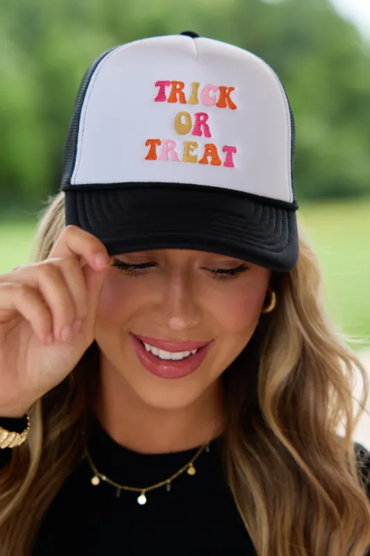 Trick Or Treat White/Black Embroidered Trucker Hat made by Pink Lily
