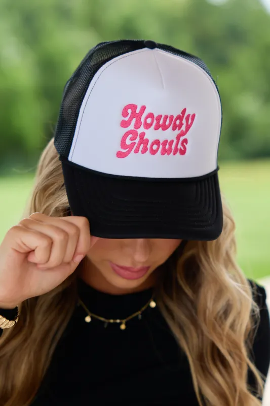 Howdy Ghouls Pink White/Black Embroidered Trucker Hat made by Pink Lily