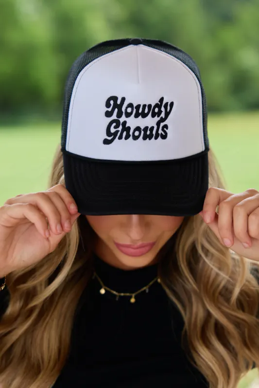 Howdy Ghouls White/Black Embroidered Trucker Hat made by Pink Lily