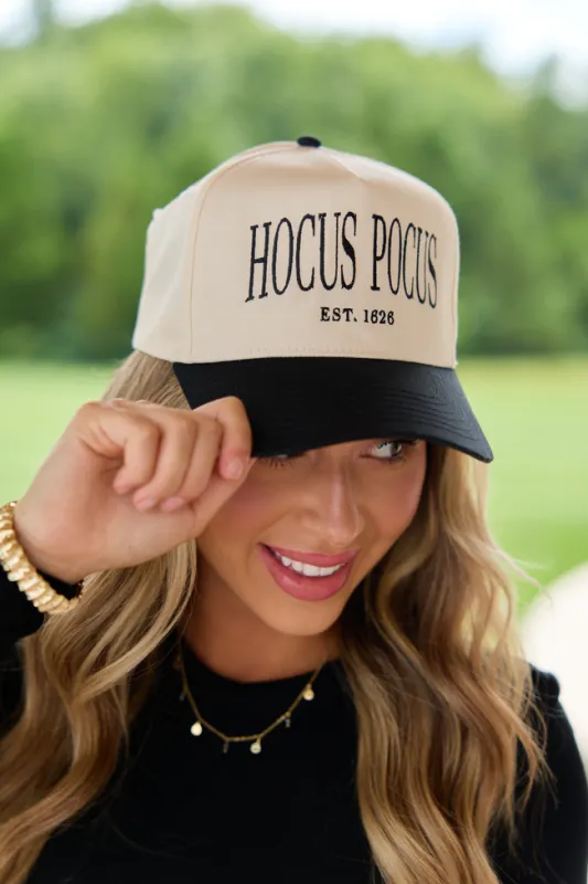 Hocus Pocus Natural/Black Embroidered Trucker Hat made by Pink Lily
