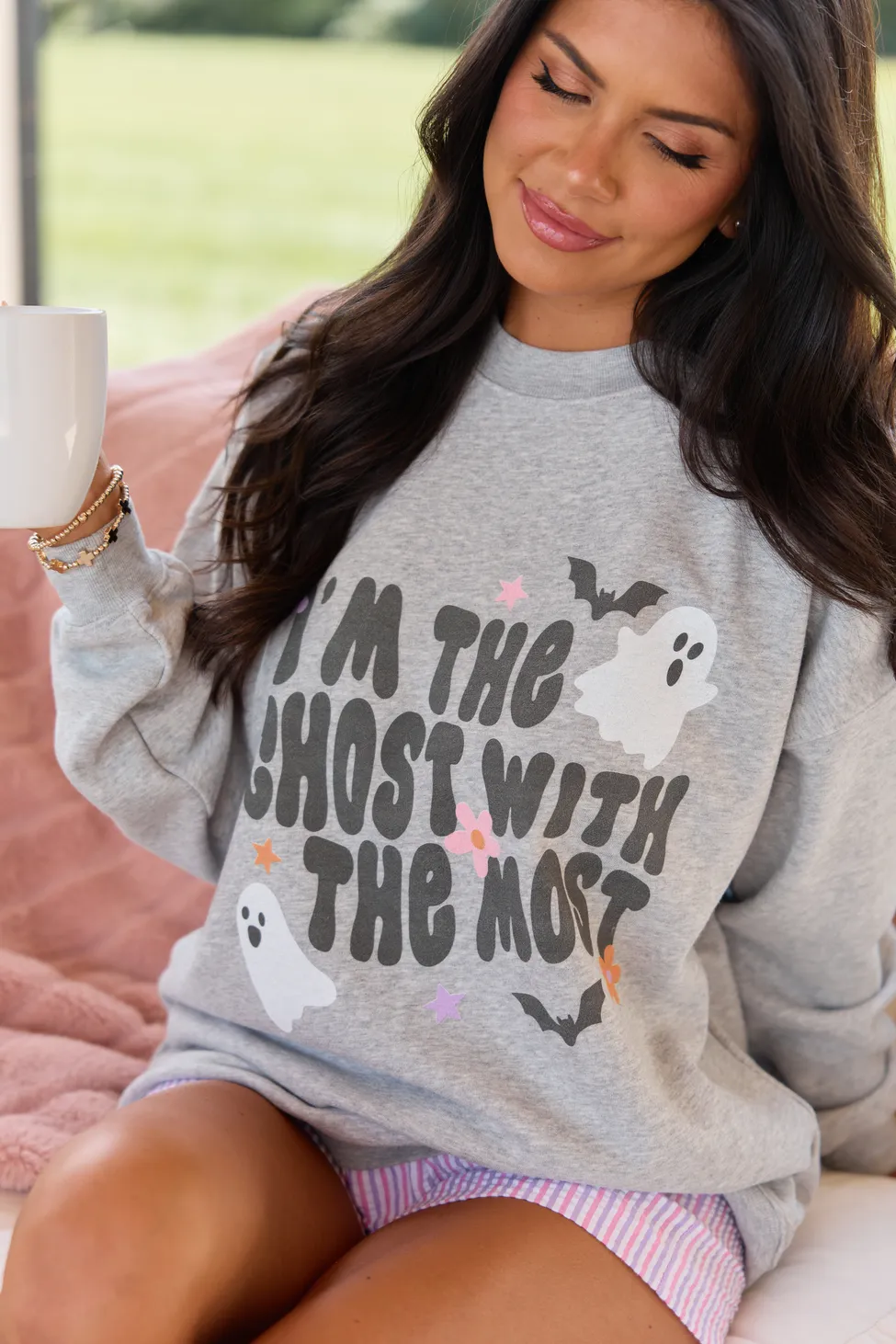I'm The Ghost With The Most Light Grey Graphic Sweatshirt sold by Pink Lily product image thumbnail 2