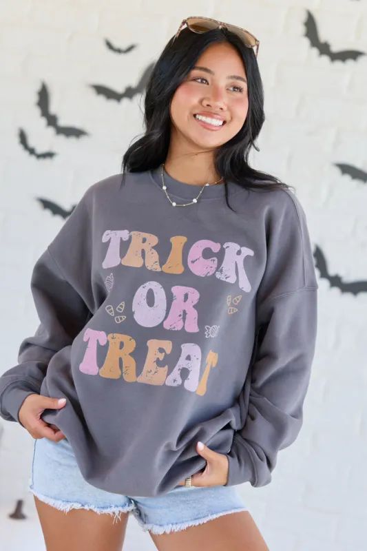 Trick or Treat Dark Grey Oversized Graphic Sweatshirt made by Pink Lily