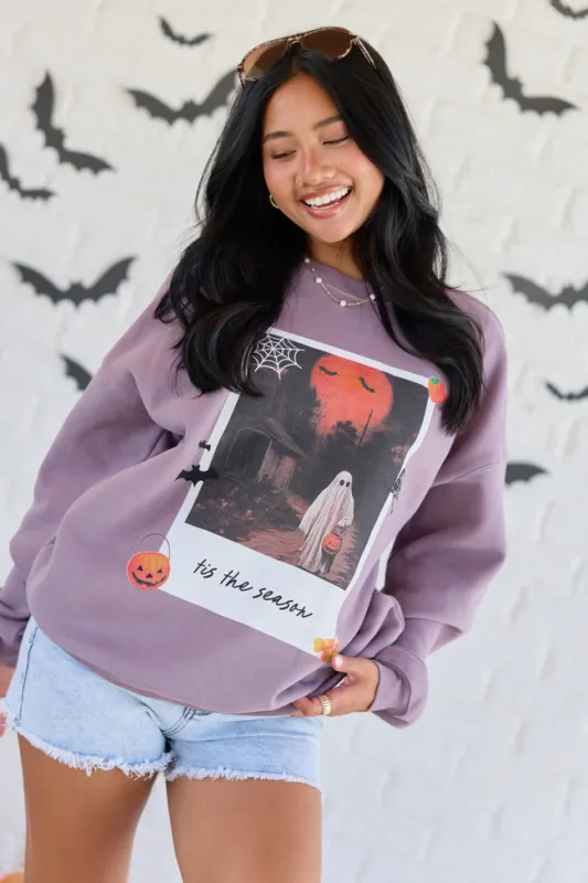 'Tis The Season Halloween Photo Print Dark Purple Oversized Graphic Sweatshirt made by Pink Lily