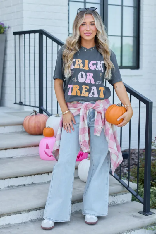 Trick Or Treat Dark Grey Graphic Tee made by Pink Lily