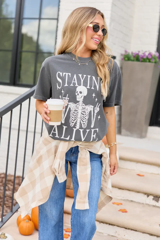 Staying Alive Dark Grey Graphic Tee sold by Pink Lily product image thumbnail 4