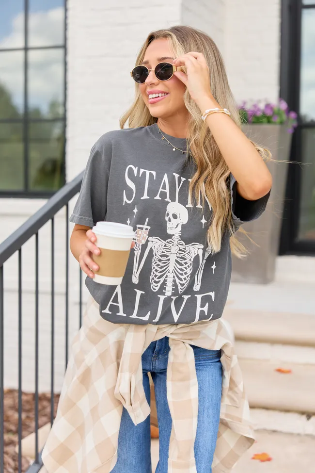 Staying Alive Dark Grey Graphic Tee sold by Pink Lily