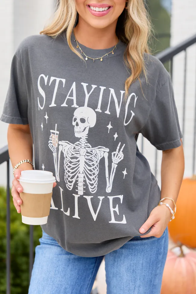 Staying Alive Dark Grey Graphic Tee sold by Pink Lily product image thumbnail 2