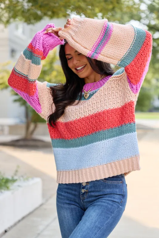 Good Things Ahead Multi Striped Crew Neck Sweater made by Pink Lily