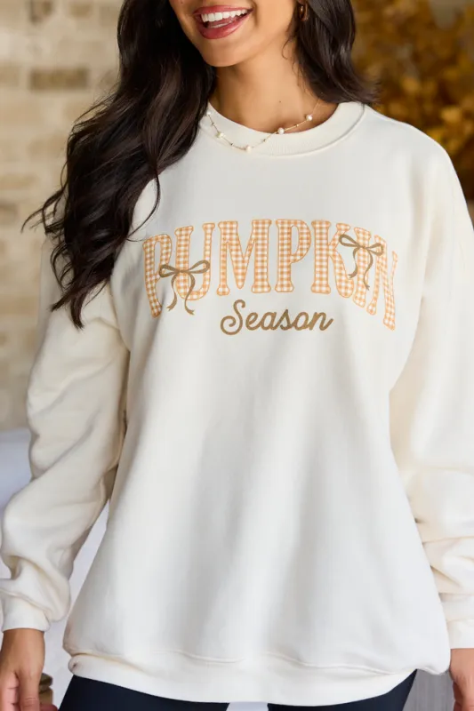 Pumpkin Season Plaid Cream Oversized Graphic Sweatshirt made by Pink Lily
