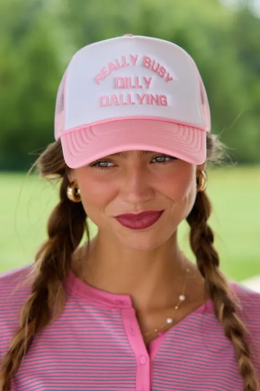 Really Busy Dilly Dallying White/Pink Embroidered Trucker Hat made by Pink Lily