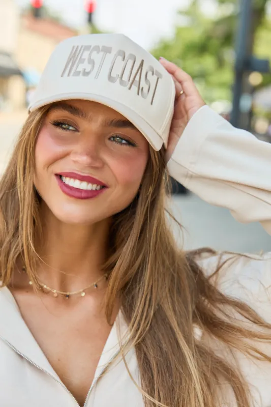 West Coast Natural/Khaki Embroidered Trucker Hat made by Pink Lily