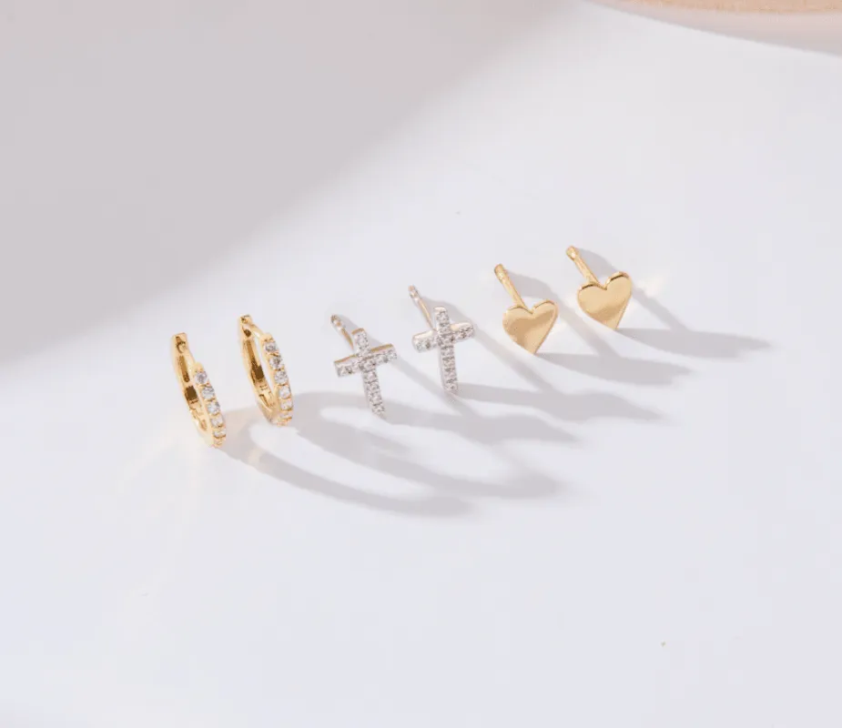 Earring Bundle - 3 Pairs (Huggies, Cross + Heart) made by Tiny Tags