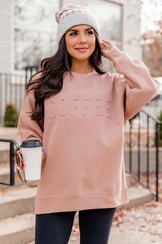 Coffee Embossed Terracotta Graphic Sweatshirt sold by Pink Lily