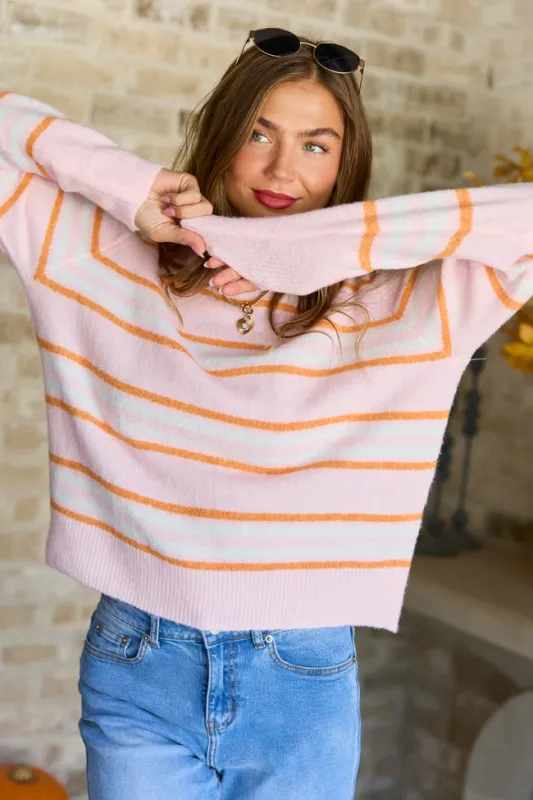 Color Me Cozy Pink Orange Striped Crew Neck Sweater made by Pink Lily