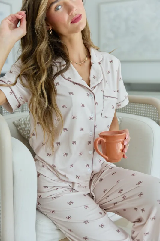 Cozy Crush Lightweight Short Sleeve Pajama Top - Brown Bow Print made by Pink Lily