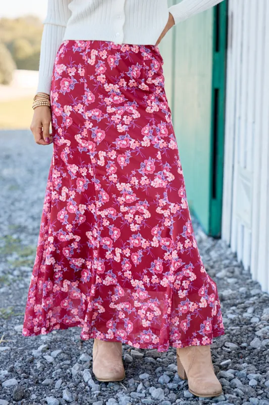 Botanical Beauty Burgundy Floral Maxi Skirt made by Pink Lily