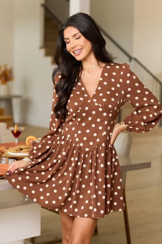 Chic Simplicity Brown/White Polka Dot V-Neck Mini Dress made by Pink Lily