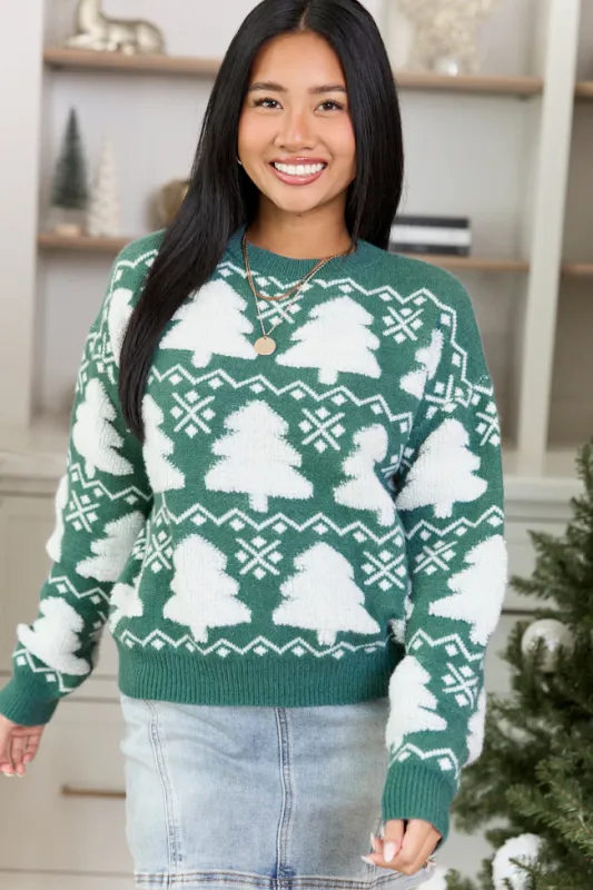 Merry Little Trees Green Knit Sweater made by Pink Lily