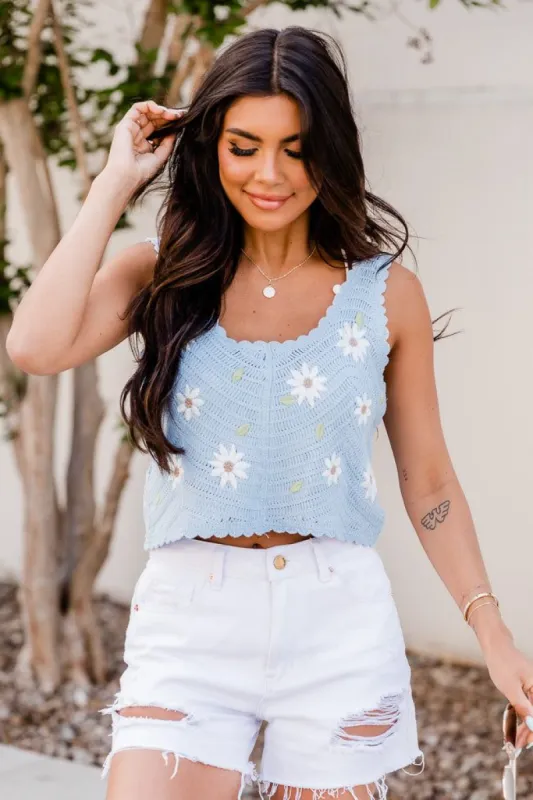 Fresh As A Daisy Sky Blue Daisy Applique Crochet Tank sold by Pink Lily