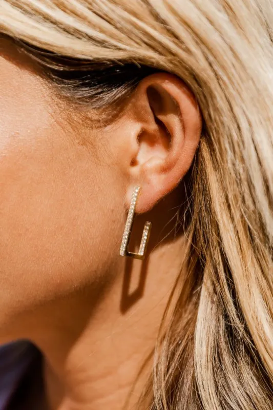 Good Times Gold Square Huggie Rhinestone Studded Earrings sold by Pink Lily