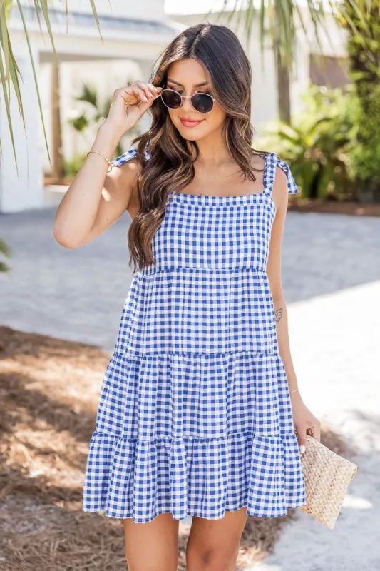 Morning Grace Navy Tie Sleeve Gingham Mini Dress FINAL SALE sold by Pink Lily