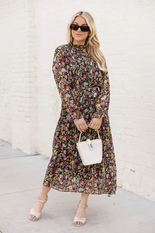 Our Song Black Multi Floral Pleated Belted Midi Dress FINAL SALE sold by Pink Lily
