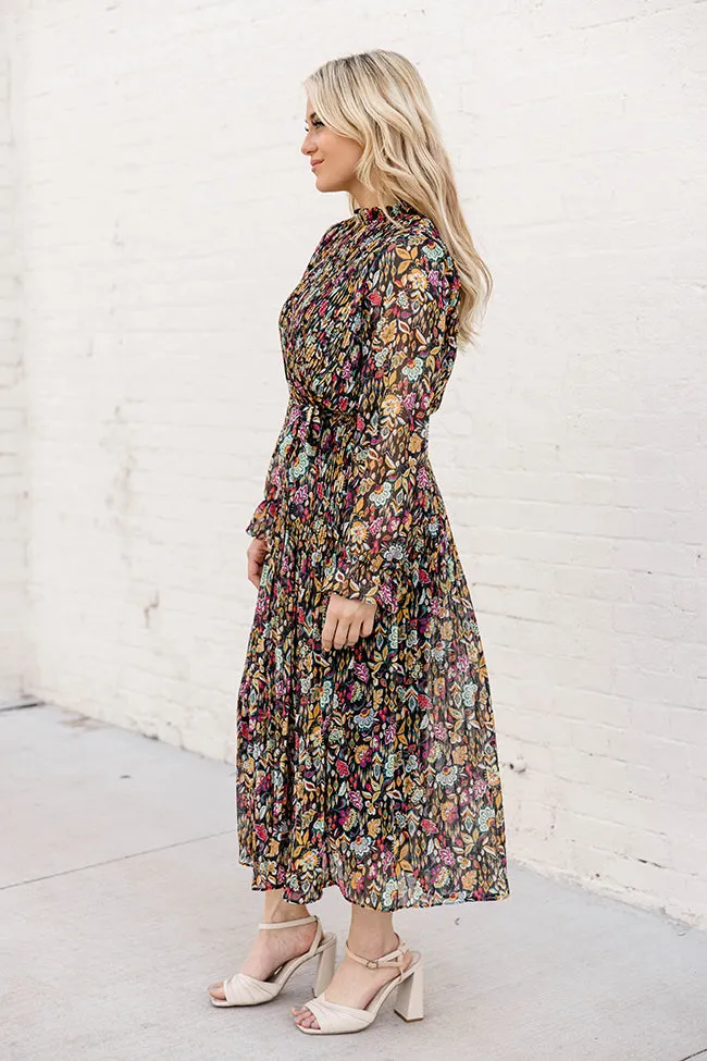 Our Song Black Multi Floral Pleated Belted Midi Dress FINAL SALE sold by Pink Lily product image thumbnail 4