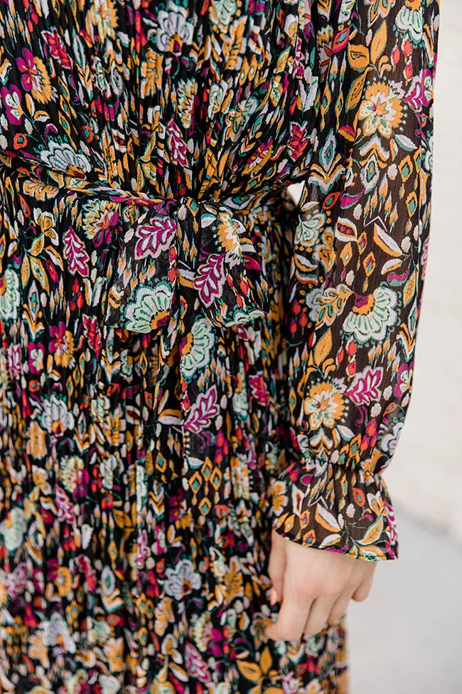 Our Song Black Multi Floral Pleated Belted Midi Dress FINAL SALE sold by Pink Lily product image thumbnail 3