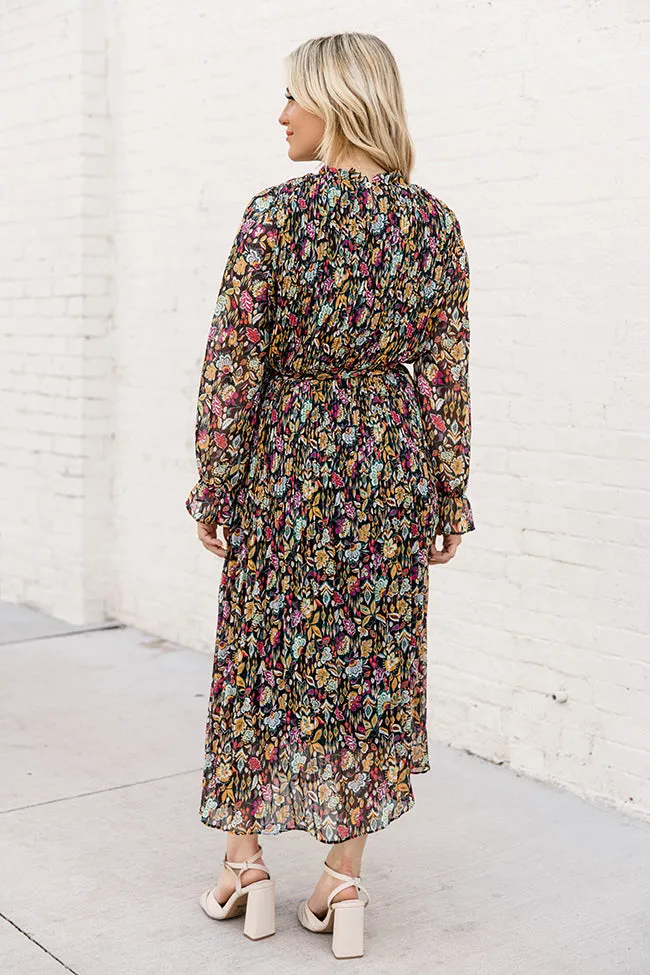 Our Song Black Multi Floral Pleated Belted Midi Dress FINAL SALE sold by Pink Lily product image thumbnail 5