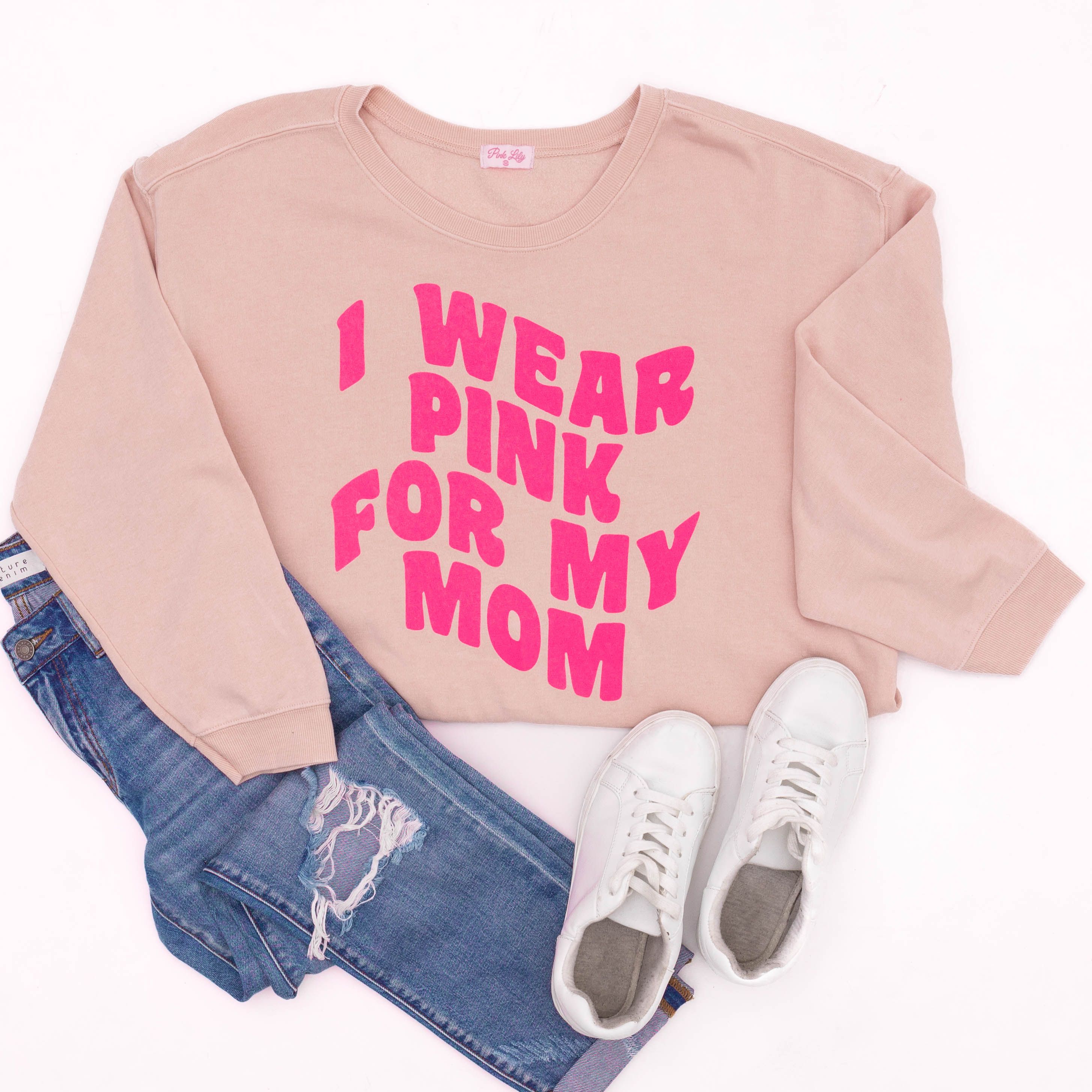 I Wear Pink For My Mom Retro Pale Pink Graphic Sweatshirt sold by Pink Lily