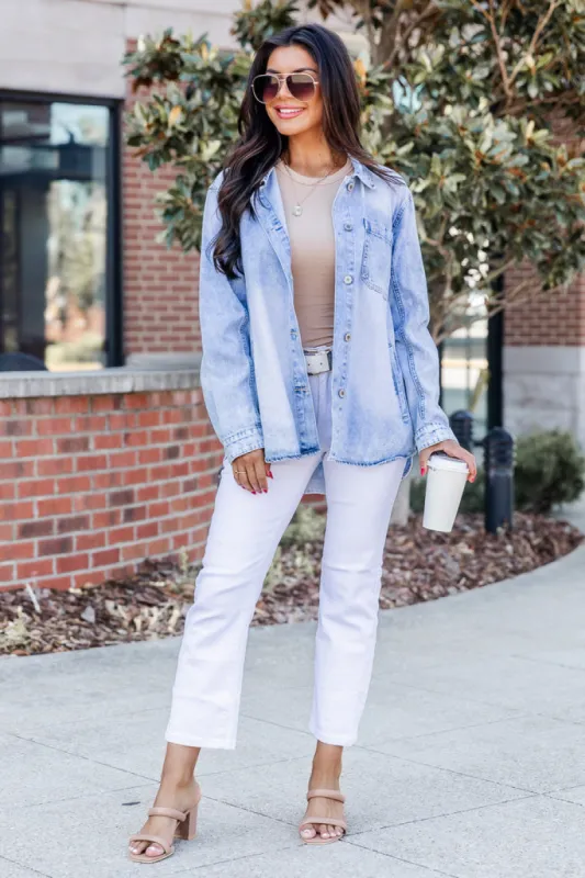 Need A Conversation Light Blue Acid Wash Denim Shacket FINAL SALE sold by Pink Lily