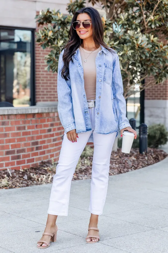 Need A Conversation Light Blue Acid Wash Denim Shacket FINAL SALE sold by Pink Lily