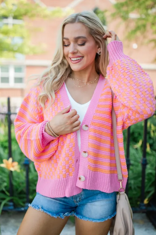 Time To Waste Pink And Orange Checkered And Striped Cardigan FINAL SALE sold by Pink Lily