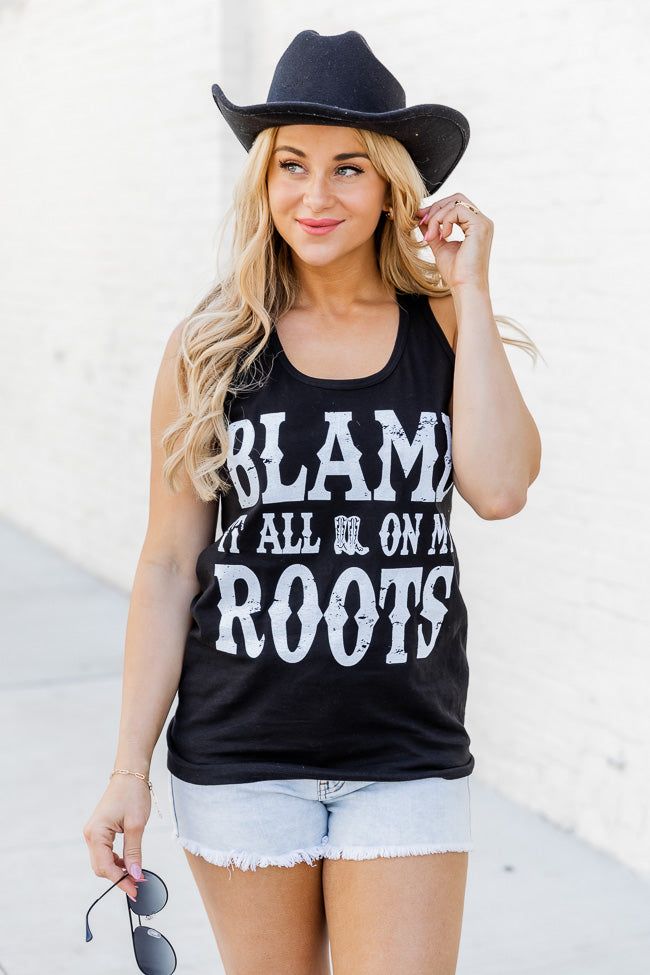 Blame it on my roots Black Jersey Graphic Tank sold by Pink Lily