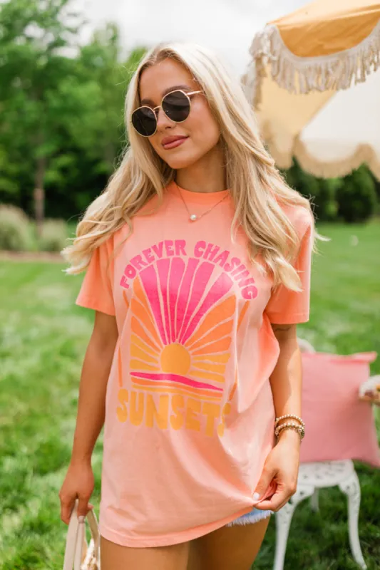 Forever Chasing Sunsets Coral Oversized Graphic Tee sold by Pink Lily