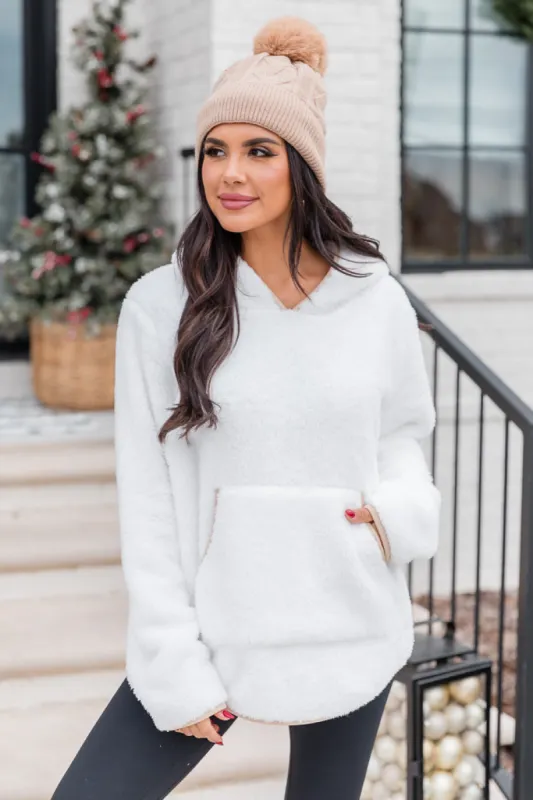Fine Line Ivory And Taupe Contrast Lining Sherpa Hoodie sold by Pink Lily