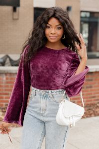 Feeling Royal Purple Ribbed Velvet Bodysuit sold by Pink Lily