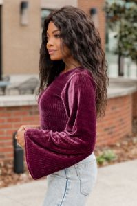 Feeling Royal Purple Ribbed Velvet Bodysuit sold by Pink Lily